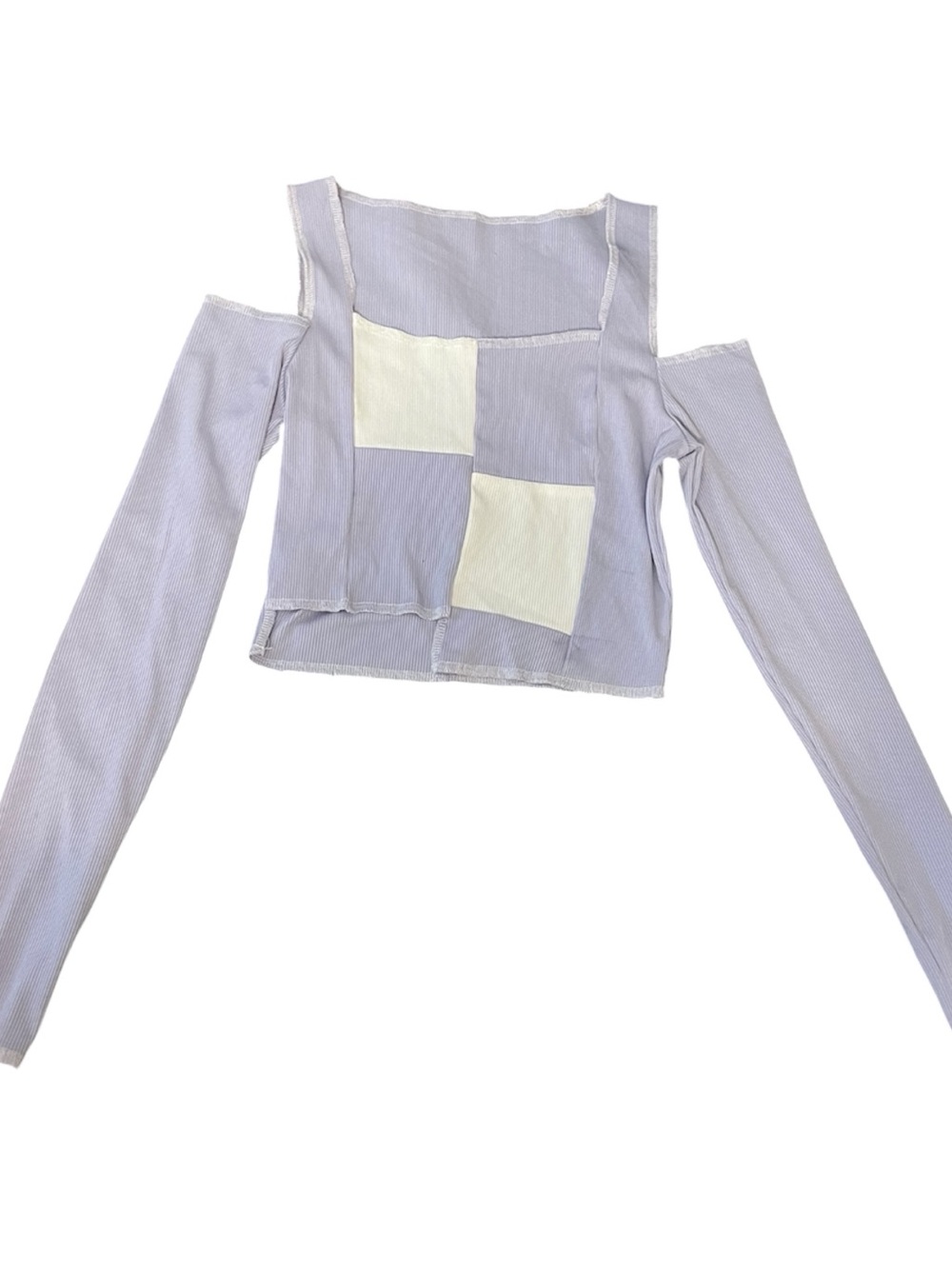 Lavender Cold-Shoulder Patchwork Long-Sleeve Top